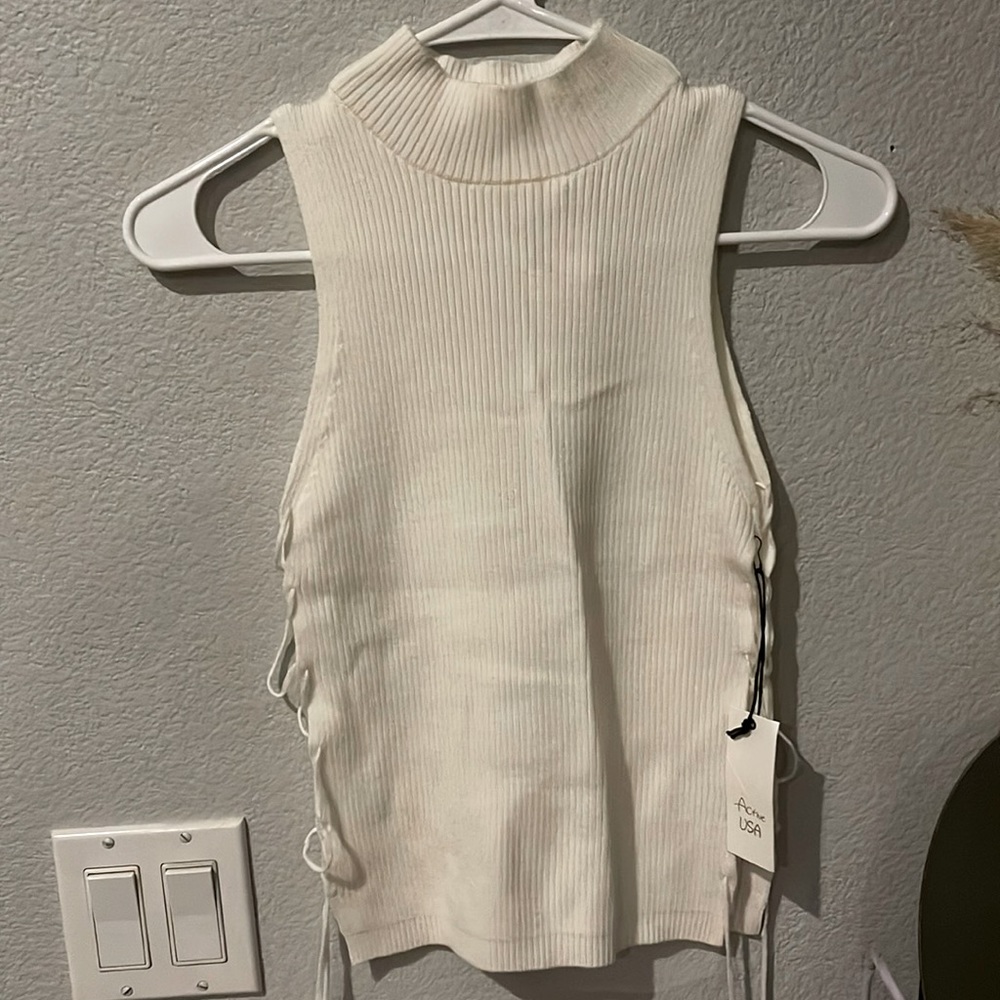 COPY - Brand new off white colored ribbed knit tank with open lace up sides.